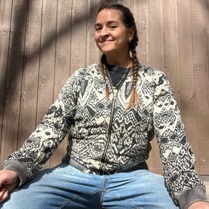 Free People Black & Cream Patterned print zip-up Woven Bomber Jacket - small